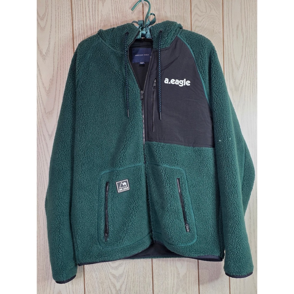 American Eagle Mens Sherpa Fleece Hoodie Green Full Zip Jacket Medium a.eagle